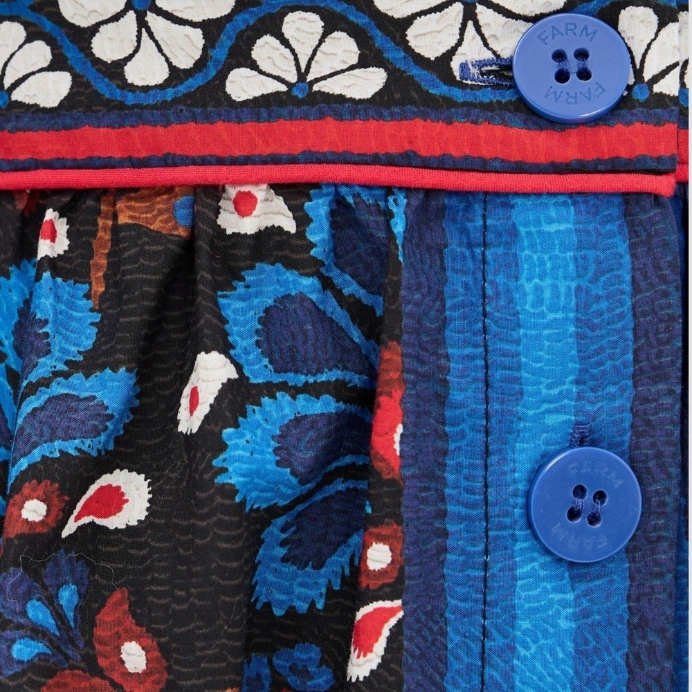 FARM RIO Latina Scarf Mini Dress Sz Medium Blue Mosaic Floral Cotton Long Sleeve - Picture 10 of 16
